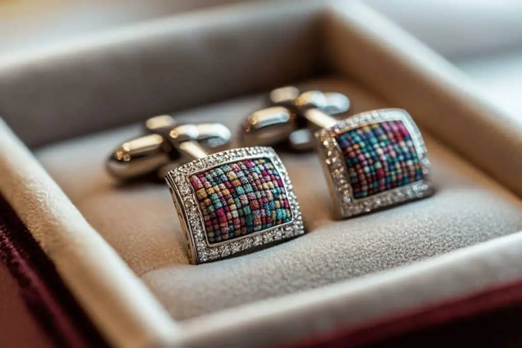 Boutons de manchette avec insert textile : Matière et contraste avec des boutons de manchette à insert textile